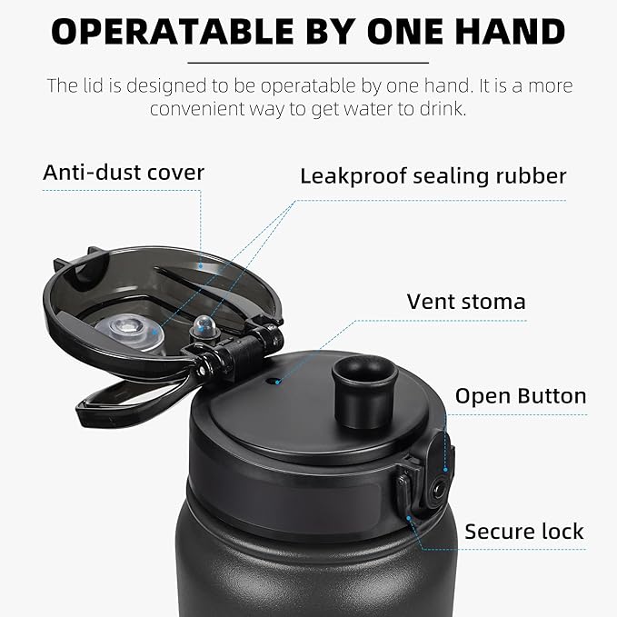 Fanhaw 32 oz Insulated Stainless Steel Water Bottle with Anti-Dust Chug Lid, Leakproof Vacuum Sports Bottle for Men & Women (Black)
