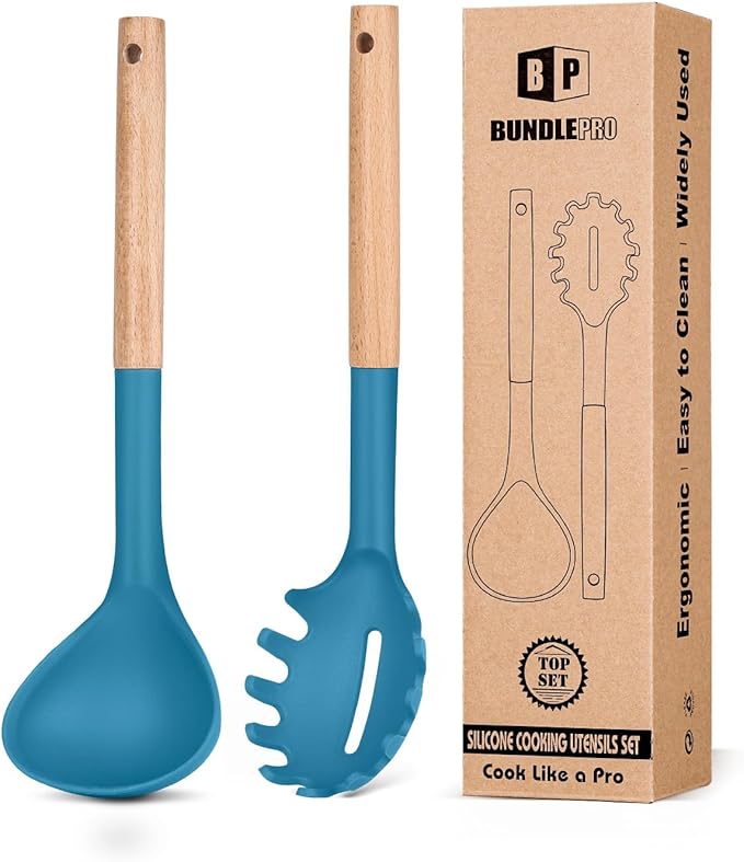 Silicone Pasta Fork and Ladle Spoon Set with Wooden Handle, Heat Resistant Non Stick Kitchen Utensils for Cooking, Stirring, Serving Spaghetti, Soup, Sauce(RED)