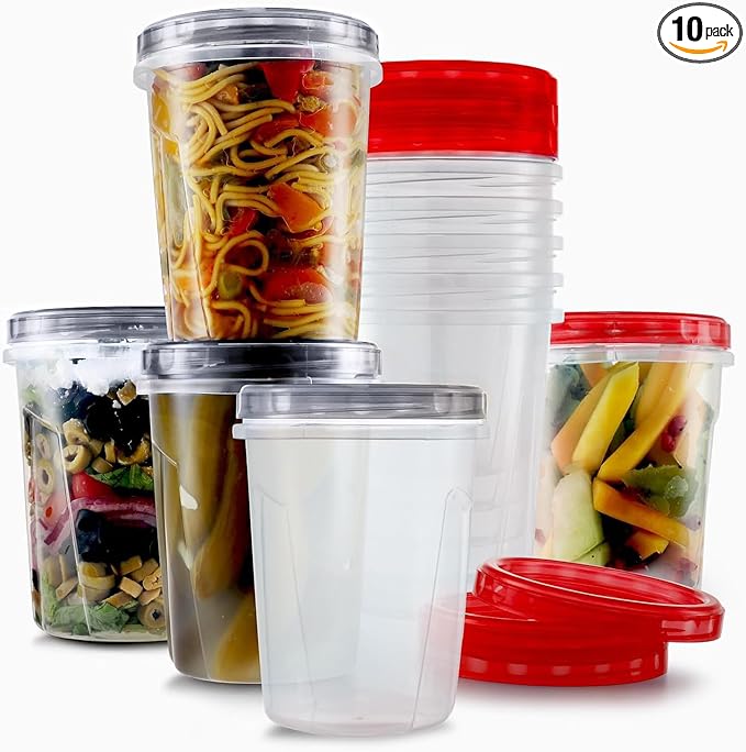 Tafura 10 Pack Leakproof Freezer Containers for Food with Twist Top Lids - 32 Oz BPA Free - Black/Red Lids