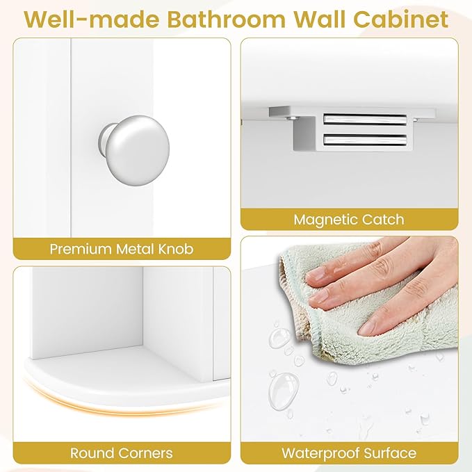Tangkula Bathroom Medicine Cabinet with Mirror, Modern Wall Mounted Space-Saving Storage Organizer with Mirrored Door, 4 Internal Shelves & 6 Open Side Shelves, Bathroom Wall Cabinet (White)