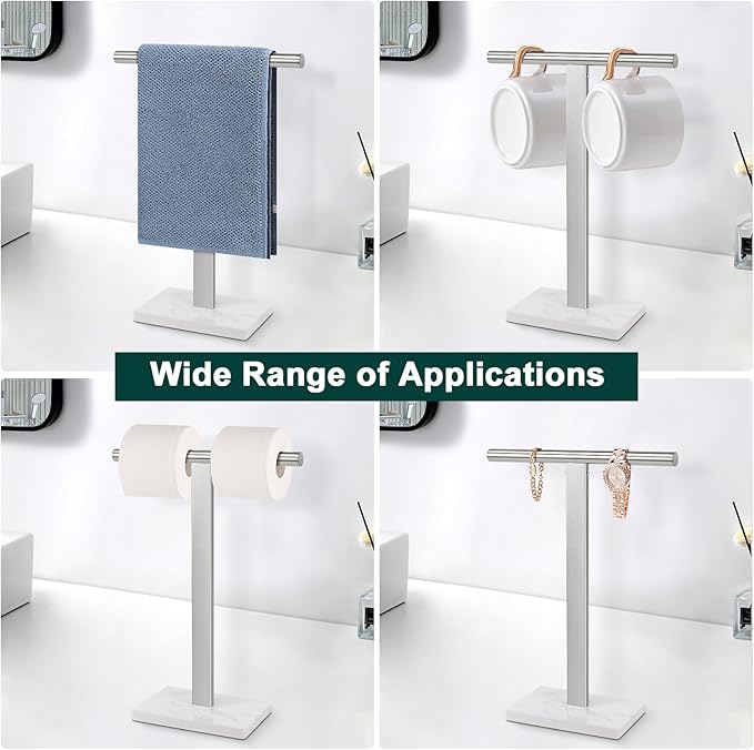 Hand Towel Holder, T-Shape Hand Towel Stand for Bathroom, Hand Towel Rack Bar Standing for Vanity Kitchen Countertop, 304 Stainless Steel (Marble Base, Brushed)