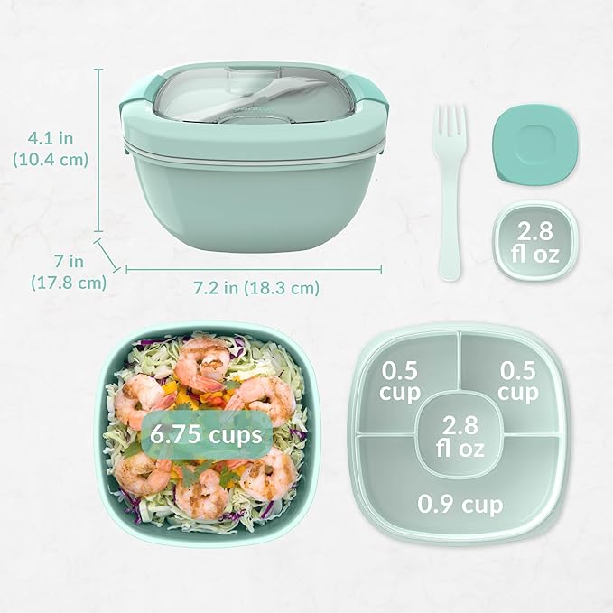 Bentgo Salad Container - 54 oz Bowl with 4-Compartment Toppings Tray, Leak-Proof Dressing Container, Reusable Fork, BPA-Free Lunch Box for Meal Prep & Food Storage; Removable Bento Tray (Coastal Aqua)
