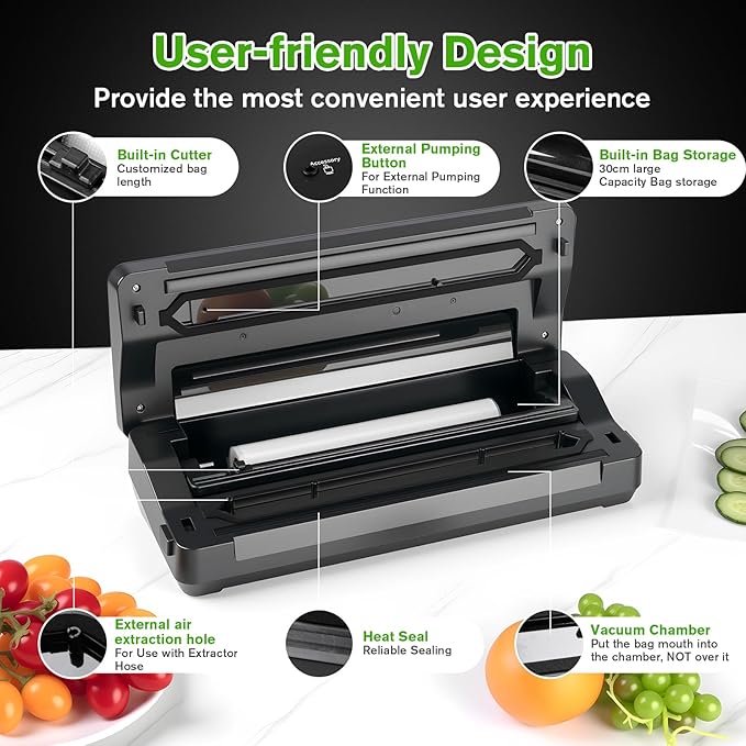 YIERRY 120W Power Vacuum Sealer for Food, Food Sealer Machine with 5 Molds include Dry, Moist, Pulse, Seal, Canister, Accessory, Built in Cutter & Vacuum Bags Storage, with 1 Bag Rolls