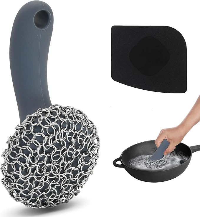 Cast Iron Scrubber with Long Handle Dish Scouring Pad Chainmail Cleaner