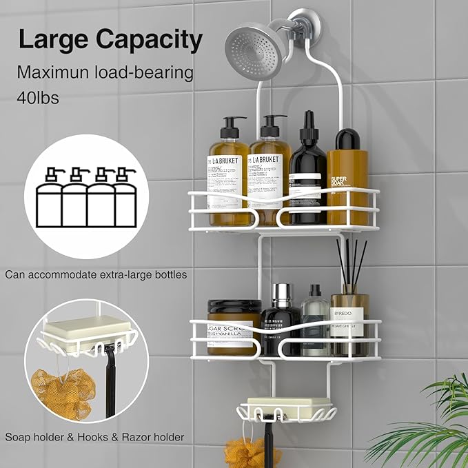 Over Head Shower Caddy - Bathroom Shower Organizer with Soap Holder & 6 Hooks for Towels, White, 76L Capacity, Hanging Mount, Rust Resistant