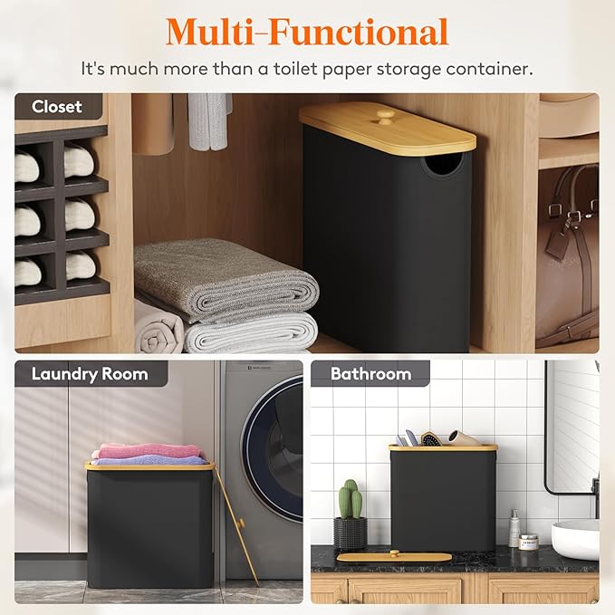 Lifewit Toilet Paper Storage Holder for 12 to 16 Rolls, Free Standing Toilet Paper Basket Stand with Bamboo Lid, Collapsible Fabric Bathroom Organizer Box for Mega Rolls, 30L, Extra Large, Black