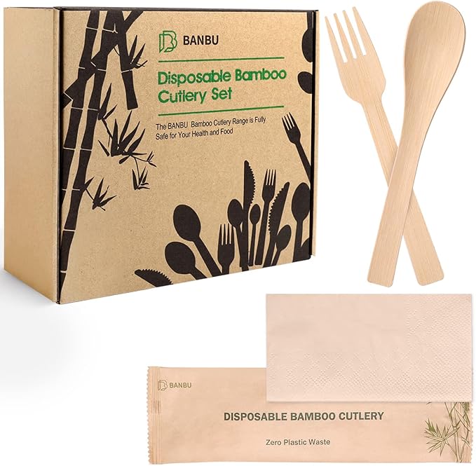 Bamboo Utensils with Napkin-58 Pack Individually Wrapped (6.7" 58 Forks 58 spoons 58 Knives 58 Napkins) Disposable Bamboo Cutlery Travel Set Compostable Biodegradable Fork Knife Spoon and Napkin