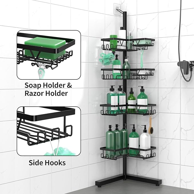 Standing Shower Caddy Corner - 4-Tier Floor Shower Caddy Corner Adjustable Bathroom Organizers and Storage with Soap Holder & Razor, Bathroom Free-Standing Organizer for Large Bottles