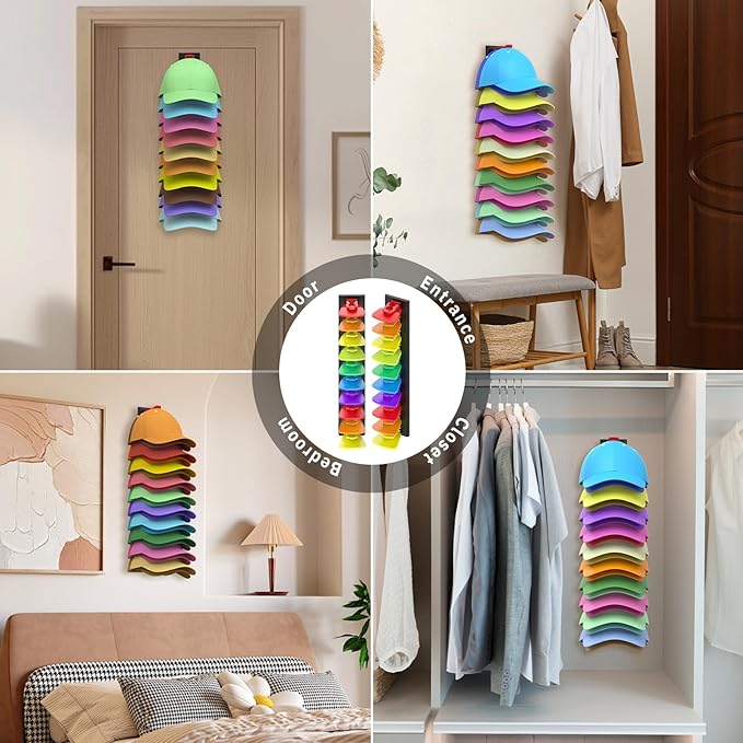 Hat Organizer for Baseball Caps, 2 Pack Hold Up to 40 Hats, Hat Rack for Wall Space Saving, Hat Hanger w/Strong Adhesive Hat Storage Holder Display for Closet Door and Wall (Black & Color)