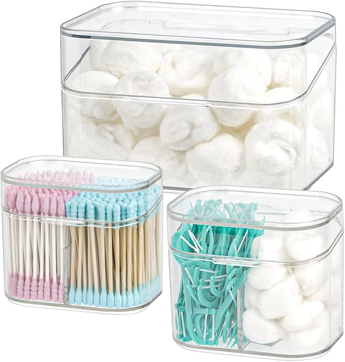 Clear Bathroom Organizer, 2-Size Essentials Set for Hail Accessories & Beauty Supplies,Cotton Swabs,Balls,Pads - Small Clear Plastic Canister Apothecary Jar Set, Vanity Makeup Storage Organizer (L+2S)