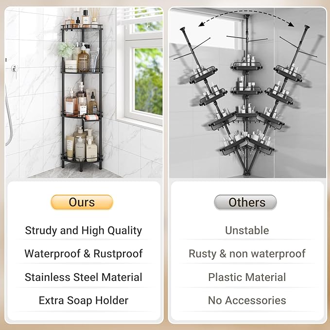 ELYKEN Corner Shower Caddy Standing, 4 Tier Rustproof Metal Shower Organizer with Soap Holder, Floor Shower Corner Shelf Rack Storage Stands with Adjustable Feet & 2 Hooks for Bathroom, Black