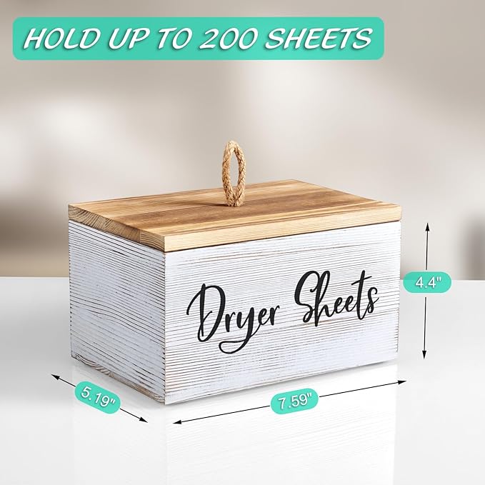 Bivvclaz Dryer Sheet Holder, White Washed Wood Laundry Sheets Container, Laundry Room Organization and Storage for Farmhouse Laundry Room Decor and Accessories, Fabric Sheet Holder