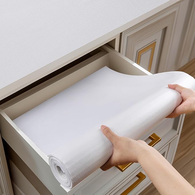 Shelf and Drawer Liner for Kitchen Cabinets Non-Adhesive, Strong Grip Non-Slip Thickened Cabinet Liners for Shelves, Waterproof Mats for Dresser Cupboard, White, 24 in x 10 Feet