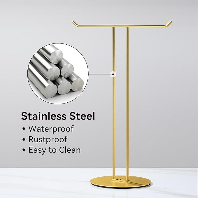 T-Shaped Hand Towel Holder Stand – Countertop Stainless Steel Towel Rack with Non-Slip Base for Bathroom, Kitchen, Vanity, Shiny Gold
