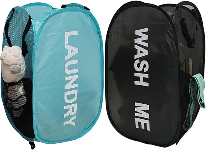 2Pack Mesh Pop Up Laundry Hamper, Foldable Laundry Basket with Side Pocket for Bedroom, Laundry Room, Travel, Cruise (Black+Blue)