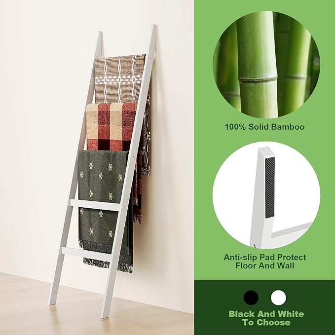 Blanket Ladder Towel Racks For Bathroom 5 Layers Towel Holder 100% Bamboo Wood Sturdy Construction No Need Wall Drilling Quilt Scarf Storage Solution Decorative Leaning Shelf for Living Room (White)