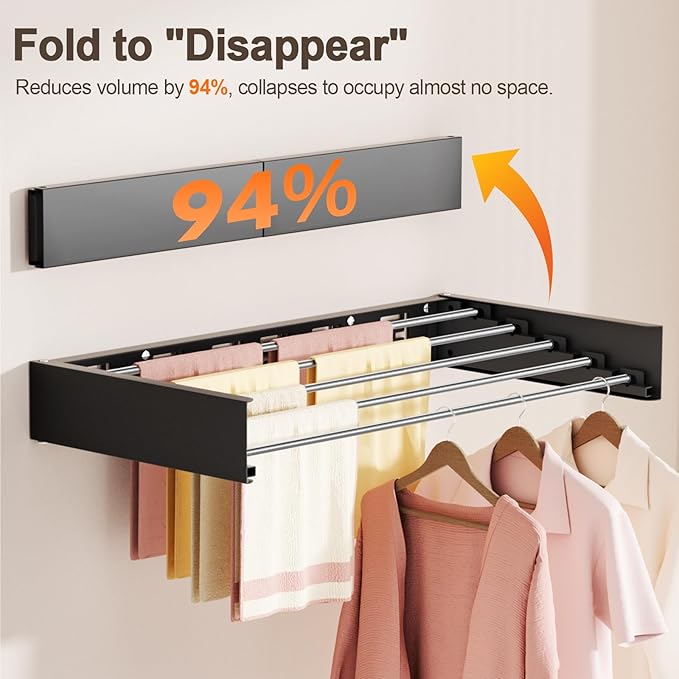 Wall Mounted Clothes Drying Rack Folding Indoor, Foldable Laundry Drying Rack Collapsible,Invisible, Space Saving, Retractable Towel Drying Rack, with Wall Template(5 Drying Rods, Black 32")