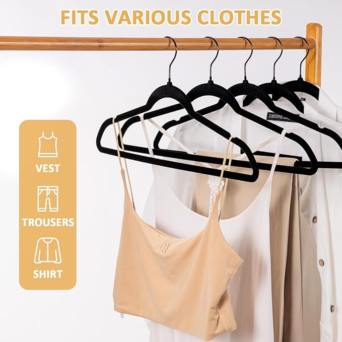 Pack of 60 Velvet Hangers, Space-Saving Heavy Duty Clothes Hangers for Suit, Non-Slip, 0.2 Inches Slim, 17.7 Inches Wide, 360° Swivel Black Hook - Black