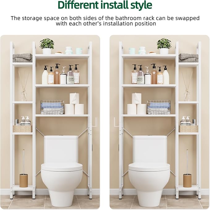 OTK Over The Toilet Storage with 7-Tier Bathroom Organizer Shelf, Freestanding Space Saver with Adjustable Feet & Hooks, Storage Rack for Bathroom, Restroom, Laundry, White