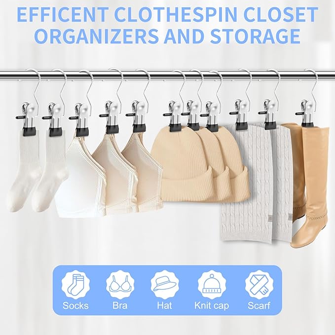 Senbowe 30 Pack Heavy Duty Clothes Pins, Boot Hangers for Closet, Laundry Hook Hanging Clips Clamps for Closet Organizer Pants Hats Socks Towels Clips, Clothespins Hanger for Travel Handbag Legging
