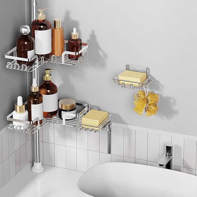 Shower Caddy Corner for Bathroom, Tension Pole, Adjustable 25in-114in Floor to Ceiling, Standing Shower Tension Rod Organizer, 4 Tier Storage Shelves with 2 Soap Holders/Hanging or Adhesive, Silver