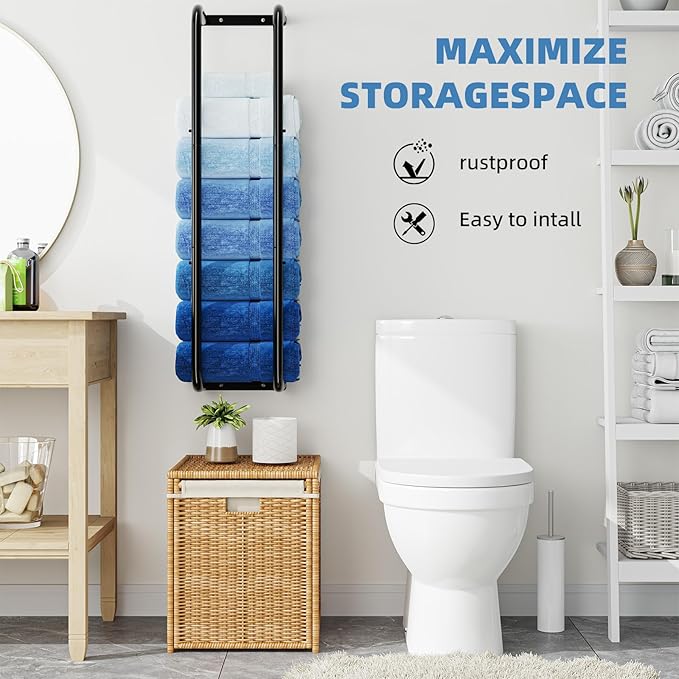 Simple Trending Towel Rack Wall Mounted, Towel Holder for 9 Large Towels, Bathroom Organizer, Black
