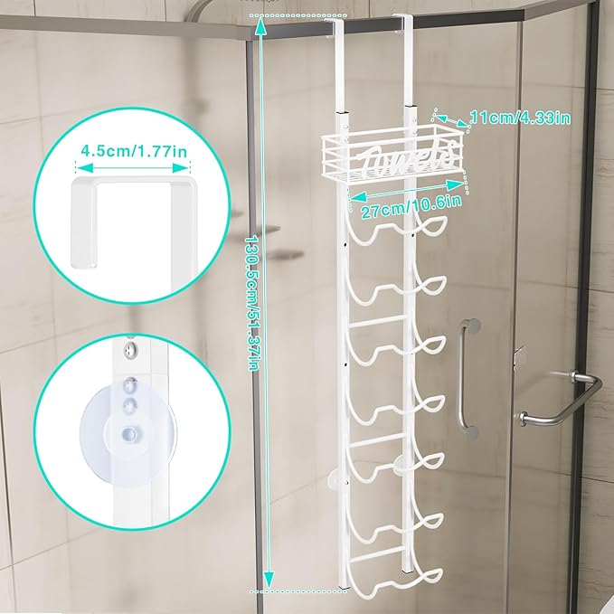 HapiRm Over The Door Towel Rack - 8 Tier Wall Mount Rolled Towel Holder Storage Organizer Shelf with Storage Basket for Small Bathroom, Rv, Camper - White