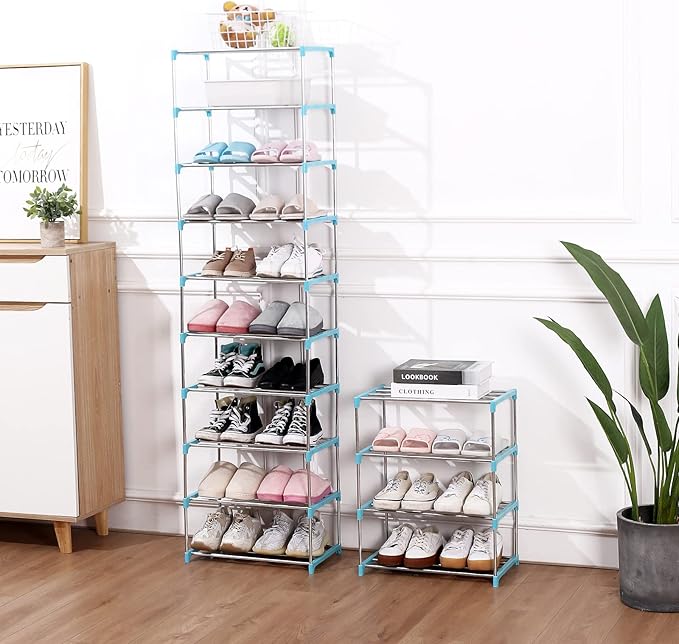 Stackable Small Shoe Rack, Entryway, Hallway and Closet Space Saving Storage and Organization (4-Tier, Blue)