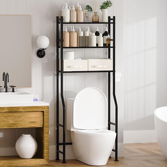 3 Tier Over The Toilet Storage Rack with 2 Basket, Metal Freestanding Bathroom Shelves Toilet with Paper Holder and 4 Hooks, Over Toilet Storage Shelf for Bathroom Storage, Black