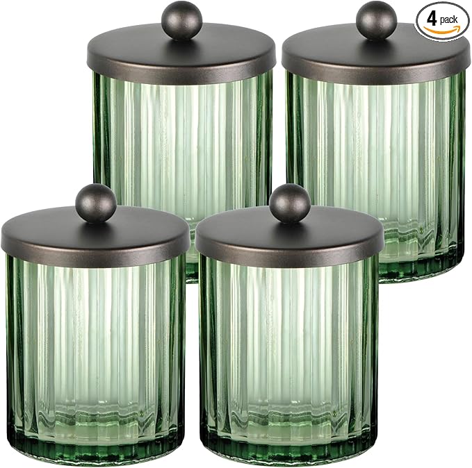 Amolliar Sage Green Glass Apothecary Jar With Metal Lid & Stickers, Bathroom Qtip Holder Dispenser for Cotton Swabs, Balls, Round Pads, Bath Salt, Floss, Countertop Canister Storage, Bronze 4 Pack