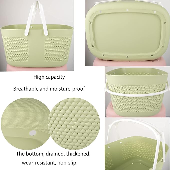Shower Caddy Basket, Portable Large Capacity Thickened Plastic Organizer Storage Tote with Handles Drainage Toiletry Bag Bin for Bathroom, College Dorm Room Essentials, Kitchen, Camp, Gym, Green
