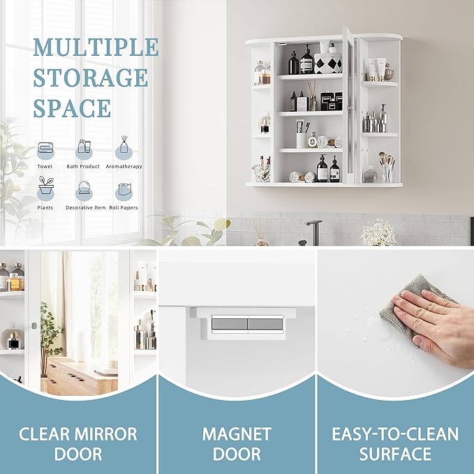 Shintenchi Bathroom Wall Cabinet with Mirror, Mounted Medicine Cabinets with 4 Internal and 6 Open Shelves, Mirrored Door Over The Toilet Storage, Solid White