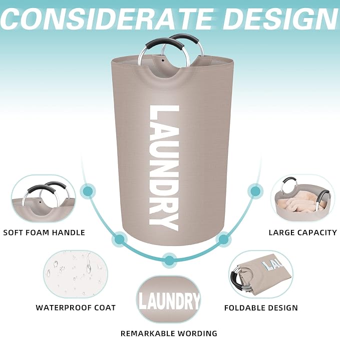 StorageRight 115L Large Laundry Basket, Laundry Hamper, Dirty Clothes Hamper for Laundry, Collapsible, Waterproof Laundry Baskets with Foam Protected Aluminum Handles for Laundry, Dorm, Family (Khaki)