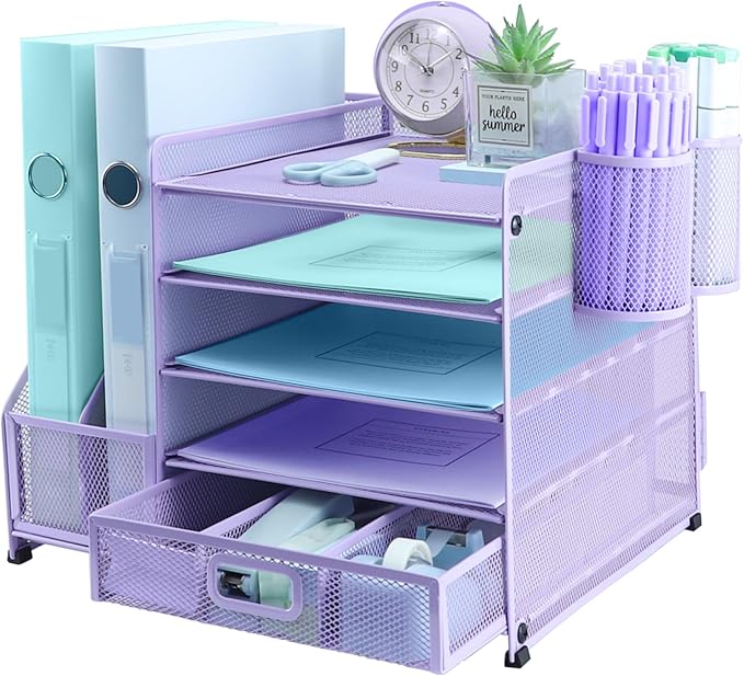 Desk Organiser File Holder With 2 Pen Holder, 5 Tier Paper Letter Tray Organiser with Drawer,Mesh Desktop Storage with Magazine Holder for Office Supplies, Purple