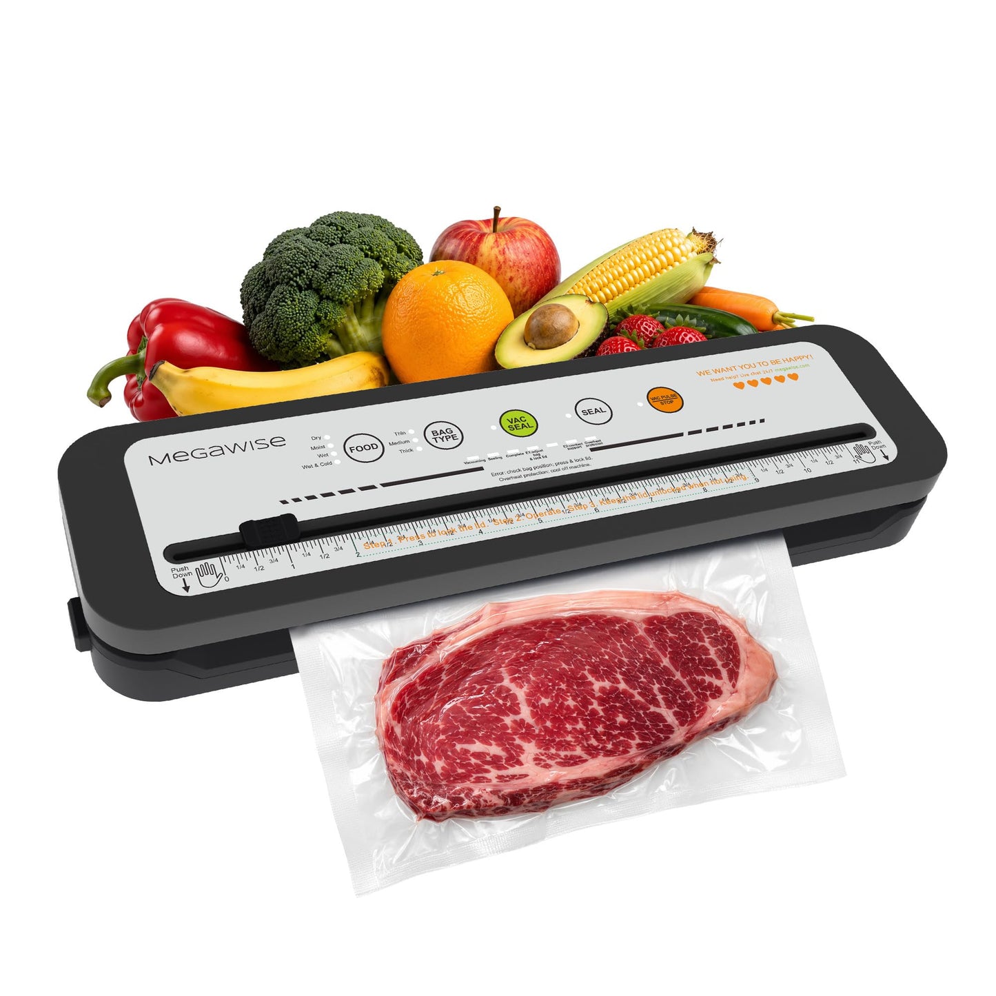 MegaWise Vacuum Sealer Machine, 80kPa Powerful Suction, One-Touch Automatic Food Sealer with Built-in Cutter & Bags Included, Dry Moist Modes for All Saving needs