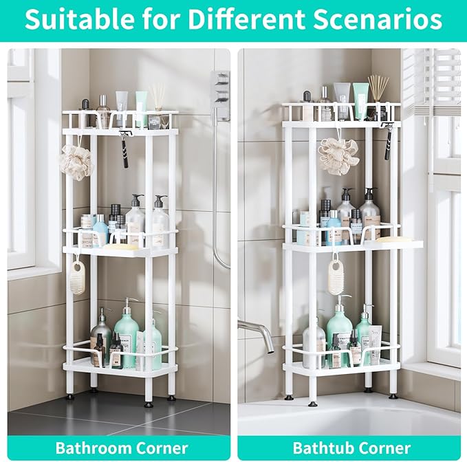 HapiRm Standing Corner Shower Caddy - 3 Tier Corner Shower Organizer with Soap Holder, Rustproof Stainless Steel Bathroom Shelf with 4 Hooks, White