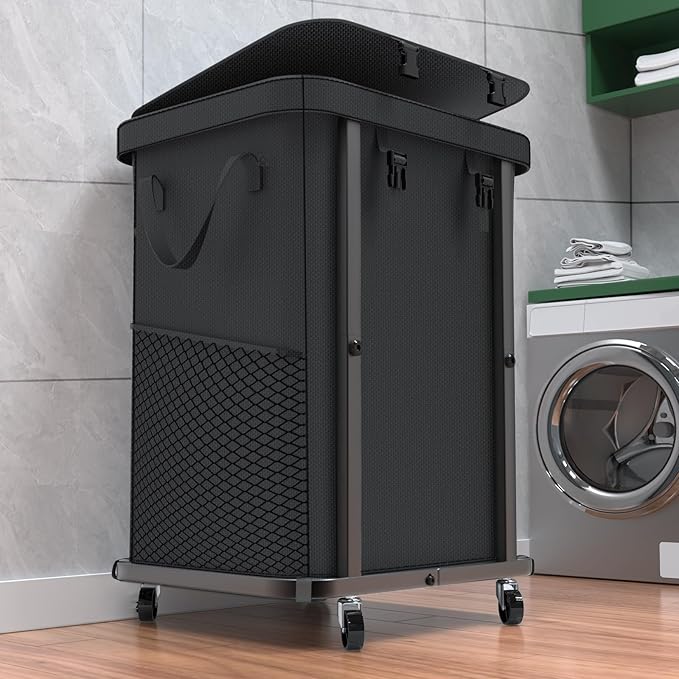 40 Gal(150L) High Grade Large Laundry Basket with Wheels, Rolling Laundry Hamper, Laundry Cart with Metal Frame and Removable Bag Design, Suitable for Laundry Room (Black, 150L)