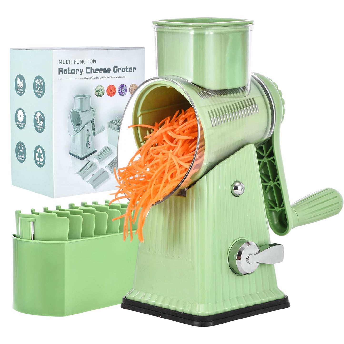 Xilrvna RotaryCheese Grater,VegetableShredder 5 in 1 Cheese Grater with HandleedderReinforcedSuction,EasytoClean,KitchenChopperforCrushedIce,Fruits and Nuts with Blade Storage Case（White