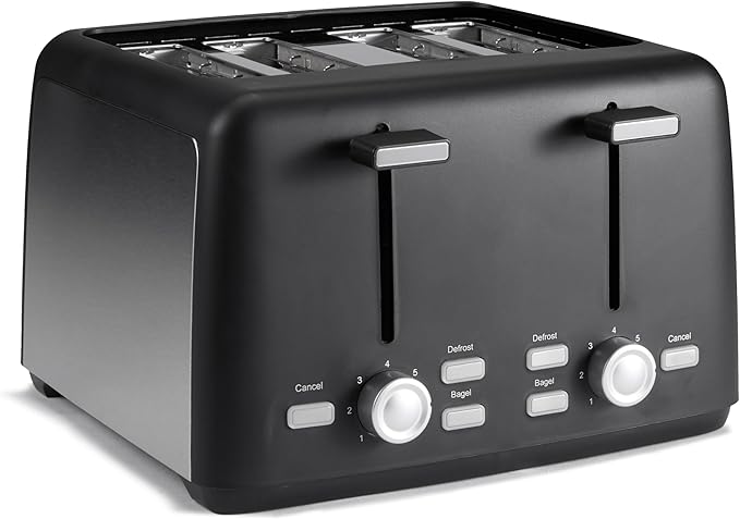 2 Slice Toaster, Extra Wide Slots for Bagels, 6 Browning Settings, Removable Crumb Tray, Defrost/Cancel/Bagel Buttons, Cord Wrap, 900W, Black & Silver