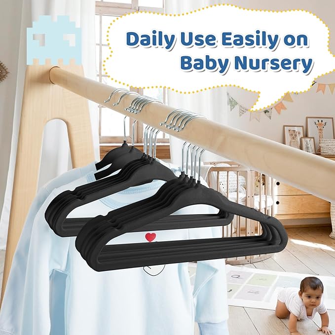 Smartor Premium 11 Inch Baby Hangers 50 Pack, Black Kids Velvet Hanger, Non Slip, Space Saving Felt Hangers Clothes Organizers for Closet with 360° Swivel Hook for Children, Infant & Toddler