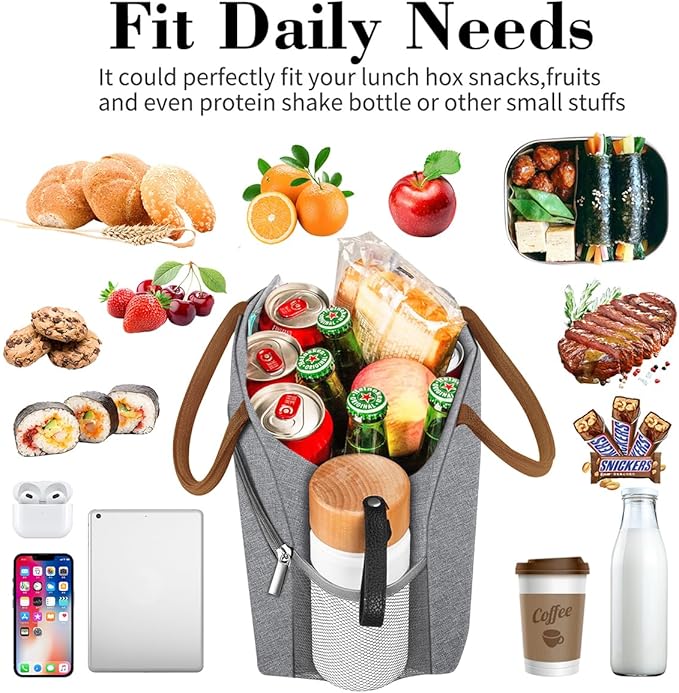 Coobiiya Lunch Bag Lunch Box for Women Men,Small Leakproof Cute Lunch Tote Large Capacity Reusable Insulated Cooler Lunch Container for Work/Office/Picnic/Beach，Grey