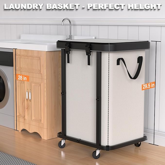 150L (40 Gal) Large Fashion Laundry Basket with Wheels, Leather Patchwork Rolling Hamper Carts, Sturdy Metal Frame, Removable Washable Bag, Tall Clothes Sorter for Bedroom, Laundry Room - Beige
