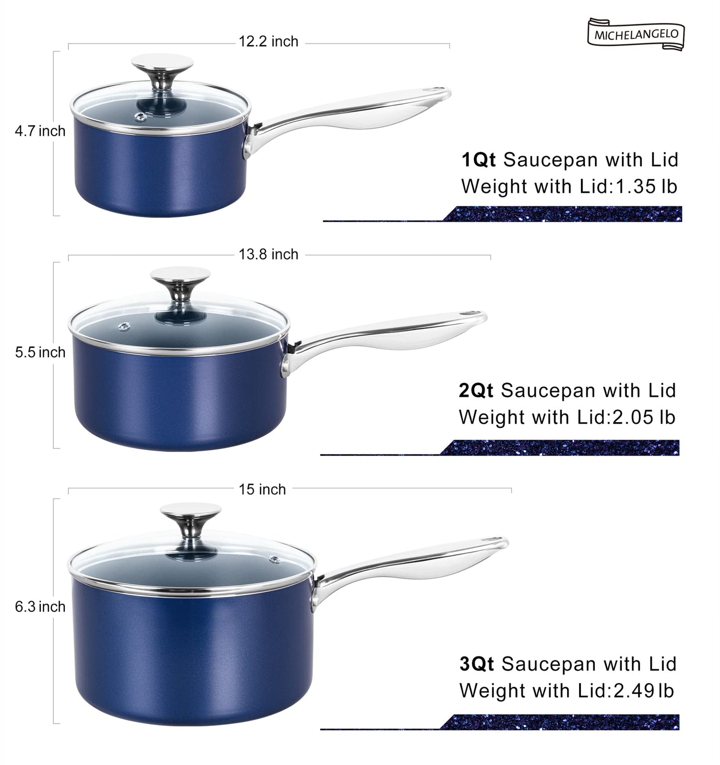 MICHELANGELO Sauce Pan with Lid, Ceramic Saucepan Set, 1.5Qt & 2Qt & 3Qt Sauce Pan Sets, Nonstick Saucepans with Lids, Small Pots with Stainless Steel Handle, Oven Safe, Blue
