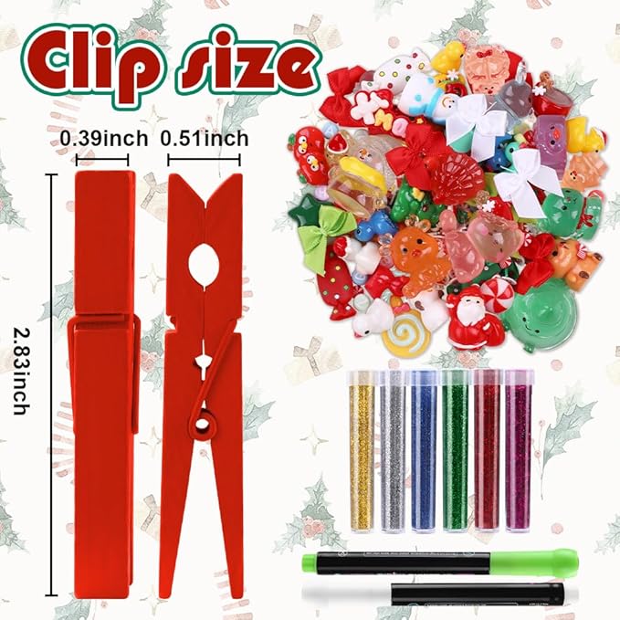 JOICEE 60 Set DIY Christmas Clothespins Kit,60 Colored Wooden Clothes Pins 111 Mini Resin Figures Bows and Stickers pens 200 Beads for Backpacks Christmas DIY Crafts Gifts Xmas Stockings Decor