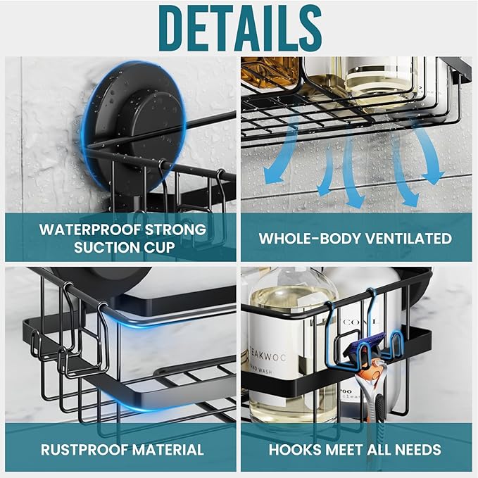 TAILI 2 Pack Corner-adaptive Suction Cup Shower Caddy, Stainless Steel Rustproof Corner Shower Shelves, Large Capacity, Removable Suction Cup Bathroom Organizer, Drill-Free Wall Mounted Baskets, Black