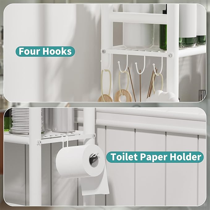 3-Tier Over The Toilet Storage with Paper Holder, Metal Bathroom Organizers and Storage for Small Space, Freestanding Bathroom Shelves with 4 Hooks, Above The Toilet Storage Shelf (White)
