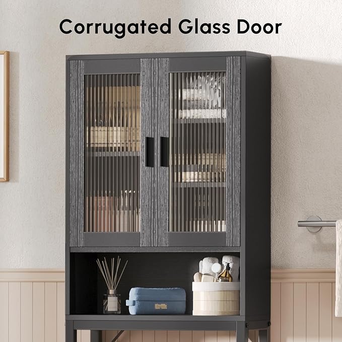 USHOWER Over The Toilet Storage Cabinet, Bathroom Organizers and Storage with Tempered Glass Doors, Thicken Metal Stand & MDF Wood Above Toilet Storage Cabinet, Freestanding Space Saver, Black