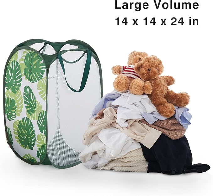 TECHMILLY Collapsible Mesh Pop Up Laundry Hamper with Sturdy Handles and Side Pocket - Portable Foldable Clothes Baskets for Dorm, Bathroom & Travel Storage (Green Leaf, 3 Packs)