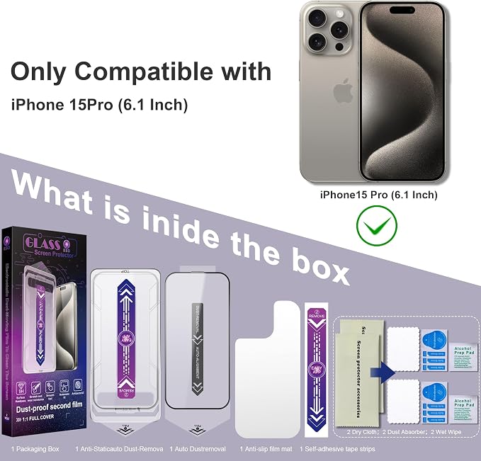 2 Pack Screen Protector for iPhone 15 Pro, 9H Tempered Glass, Full Coverage