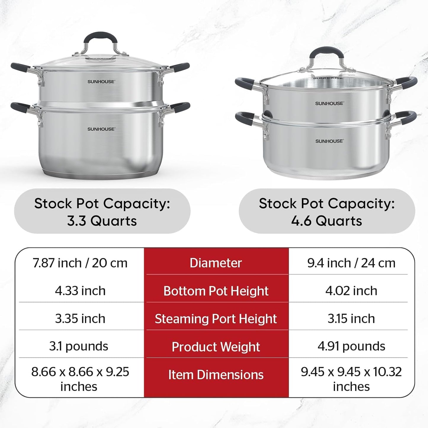 Sunhouse: 2-Tier Stainless Steel Steamer Pots - 5.5 Quart - Tempered Glass Lid, 3-Ply Bottom, Vegetable-Dumpling-Food Cookware, Dishwasher & Oven Safe
